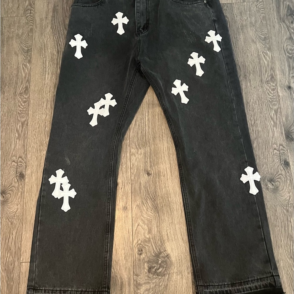 Chrome Hearts Black Jeans with White Cross Patches